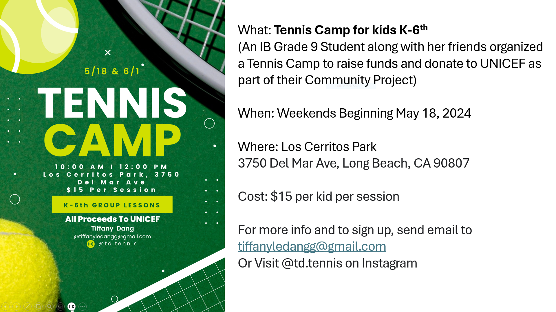 Grade 9 Student Tiffany Dang Tennis Camp Poster